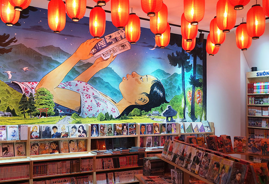 Frescoes of Japanese landscape inside a manga store