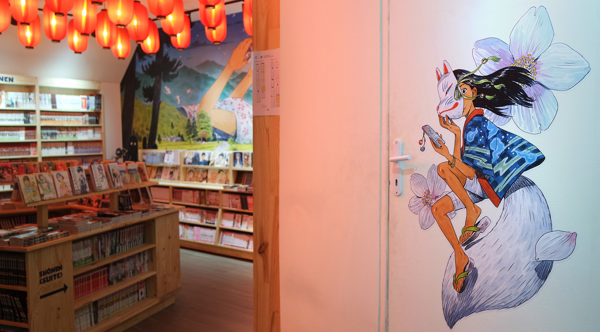 Kitsune yokai frescoe inside a manga store
