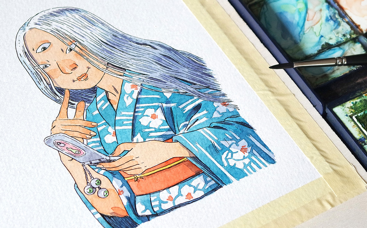 watercolor illustration of Japanese yokai girl