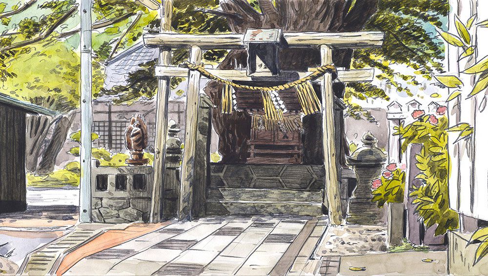 watercolor sketch on location in yahiko